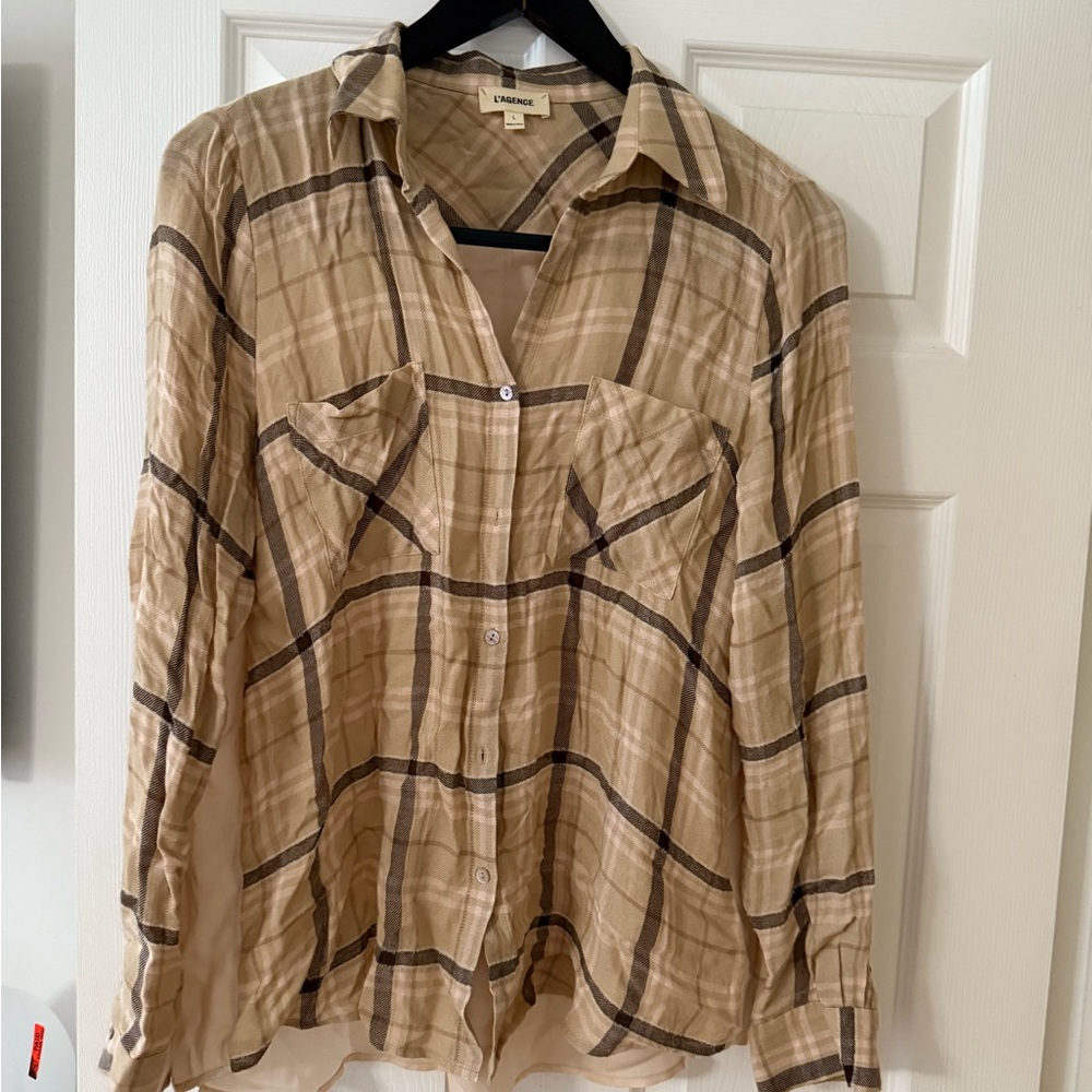 L’AGENCE tan/black PLAID LONG SLEEVE TOP size large